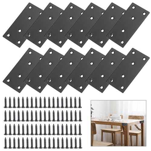 Sumnacon Mending Plate-12Pcs Stainless Steel Flat Plates with Screws,4x2 Inch Sturdy Metal Flat Straight Brace Bracket, Black Metal Brace for Wood Furniture Shelf Connect Repair Fix Joint Reinforce