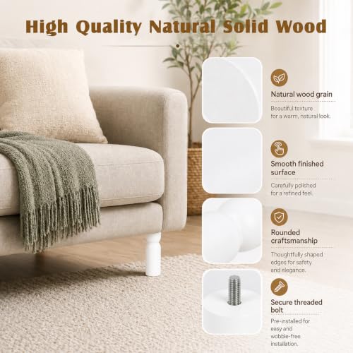 5.1 Inch wooden legs for furniture set of 4 Wood Furniture Legs Couch Feet Colorful Round Sofa Furniture Replacement Solid Wood Furniture Feet for Couch Bed Chair Cabinet Bookcase Dresser Ottoman - color: White