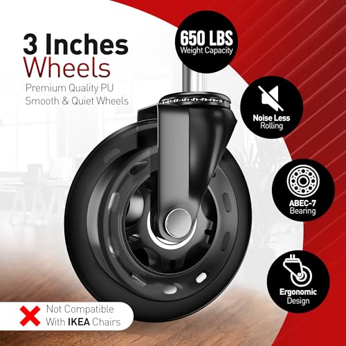 RIVEDA Office Chair Caster Wheels Set of 5 - Smooth 3 inch Heavy-Duty Replacement Rubber Wheels for Gaming & Desk Chair - Easy to Install, Suitable for Hardwood Floors, Carpet, Tiles (Black) - color: Black