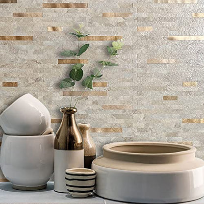 AULIGET 20 Sheets Faux Stone Peel and Stick Backsplash, Beige Marble Look PVC Wall Tiles Stick on Backsplash for Kitchen - color: Stone Beige + Metal Copper, size: 20 Sheets, 6"x12"x0.12"
