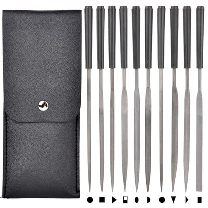 10pcs Mini Steel Needle Files,Packed in Synthetic Leather Case,for high Precision Sanding Work on Wood and Plastic Carving - color: Black