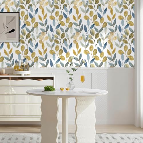 Blue and Gold Leaf Peel and Stick Wallpaper 17.7" x 124" - color: Blue/Gold, size: 17.7" x 124"