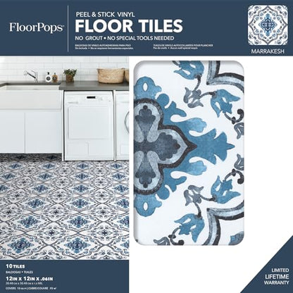 FloorPops Marrakesh Peel and Stick Floor Tiles, Blue, Floral Vinyl Floor Tiles, Water Resistant, 12 in x 12 in, Pack of 10 - size: 12"L x 12"W x 0.06"T