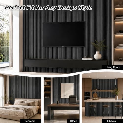 SMARTSTANDARD Wood Fluted Acoustic Wall Panels, 94x5.9in, 6 Pcs, Black Oak - color: Black Oak
