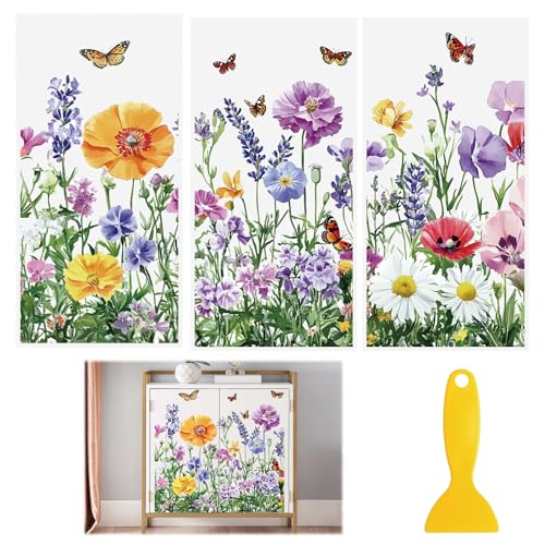 Rub On Transfers for Crafts, 3pcs Colorful Wildflower Transfers Spring UV DTF Stickers Waterproof Decals Furniture for Cup Wood Scrapbook DIY Planner Home Door - color: Colorful Wildflowers