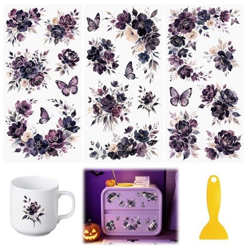 Rub On Transfers for Crafts, 3pcs Dark Purple-Themed Flower Transfers UV DTF Stickers Waterproof Decals for Halloween Wood Door Window Cup DIY Home Decor - color: Purple Floral
