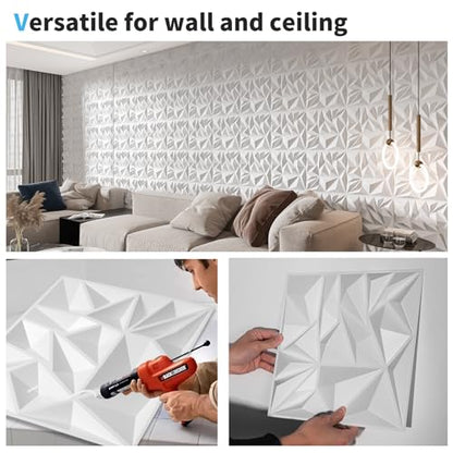 Art3d 33-Pack Modern Diamond Textured 3D Wall Panels, 12 x 12 in, White - color: White, size: 12x12 Inch 33 pcs