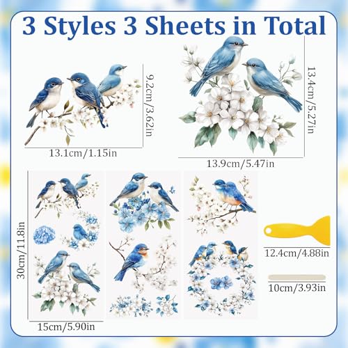 WANDIC 3 Sheets Rub On Transfer Stickers, Blue Flower Bird Pattern Waterproof Decals Furniture Craft for DIY Scrapbooking Photo Albums,15 * 30cm - color: Blue Flower