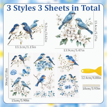 WANDIC 3 Sheets Rub On Transfer Stickers, Blue Flower Bird Pattern Waterproof Decals Furniture Craft for DIY Scrapbooking Photo Albums,15 * 30cm - color: Blue Flower