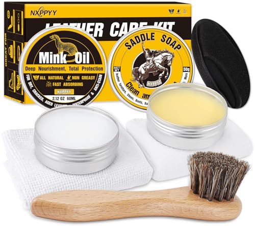 Leather Boot Care Kit, Mink Oil & Saddle Soap for Leather Cleaning & Leather Boots, 6-in-1 Leather Shoe Care Kit