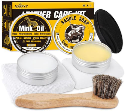 Leather Boot Care Kit, Mink Oil & Saddle Soap for Leather Cleaning & Leather Boots, 6-in-1 Leather Shoe Care Kit