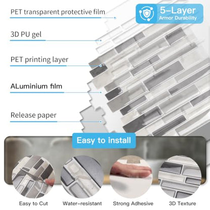 Art3d Linear Subway Design Tile Peel and Stick Backsplash, 20-Sheet, Gray - color: Gray