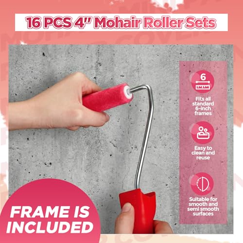 Leumoi 16 Pcs 4" Mini Mohair Paint Roller Covers Kit,Pink - color: Pink
