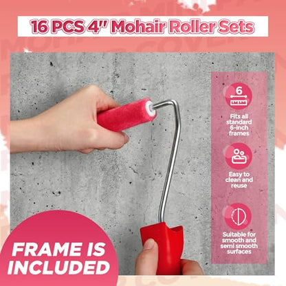 Leumoi 16 Pcs 4" Mini Mohair Paint Roller Covers Kit,Pink - color: Pink