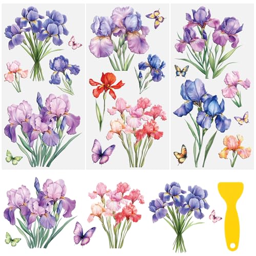 Flower Rub on Transfers for Furniture, 3 Sheets Iris Floral Decor Transfer Stickers UV DTF Waterproof for Wood Bedroom Living Room DIY Home Office Decoration - color: Purple Iris