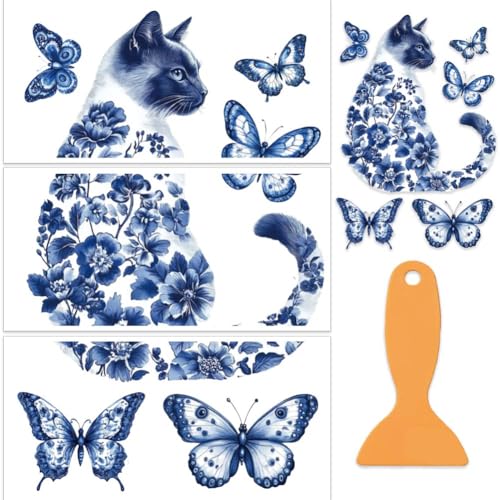 OLYCRAFT 3Pcs/Set Cat Rub on Transfers for Furniture and Crafts 12x6 Inch Blue White Porcelain Furniture Decals Decor Flower Transfer Stickers with 1pc Scraper for Scrapbook Window DIY Home Decor - style: Cat Butterfly