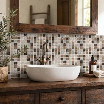 3D Mosaic Peel and Stick DIY Backsplash Tiles (24, Earthtone Brown) - color: Earthtone Brown