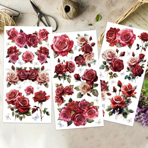 OLYCRAFT 3pcs/Set Red Rose Rub on Transfers for Furniture and Crafts 6x12 Inch Butterfly Furniture Decals Pink Rose Transfer Stickers PVC Waterproof Decorative Stickers for Wood, Glass, Metal, Plastic - style: Rose