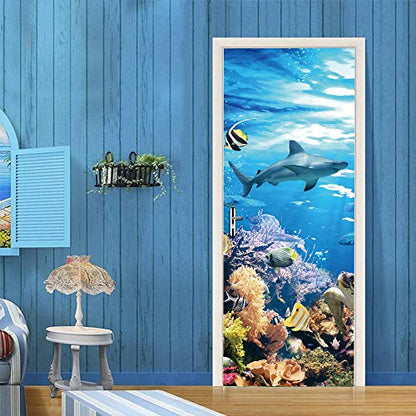 Nature Art Self Stick Vinyl Door Mural Sticker, Peel and Stick Removable Refrigerator Wrap Decal, Marine Life, 32.3x78.7, 2 Pcs Set - color: Marine Life