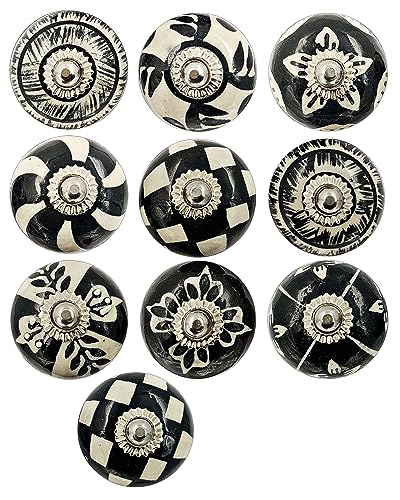 Set of 10 Ceramic Cabinet Colorful Knobs for Kitchen, Cabinet, Drawer, Wardrobe (Black & White3) - color: Black & White3