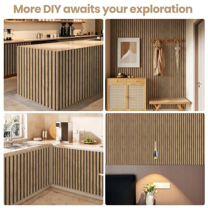Abyssaly Brown Wood Slat Wall Panel Peel and Stick Wallpaper - color: Yellowish Brown, size: 17.7" x 393.7"