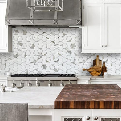 DICOFUN 1 Sheet Hexagon Tile Peel and Stick Backsplash, White Marble Look PVC Mixed Silver Metal Mosaic Tiles for Kitchen and Bathroom - color: Marble White + Silver Metal Chip, size: 1 Sheet, 12''x12''x0.12''