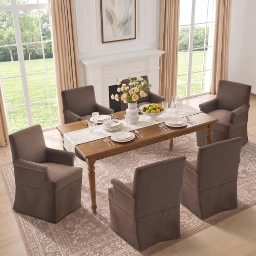 Arm Dining Chair Fabric Long Skirt Slipcovered High Back Upholstered Dinner - color: Brown, size: 4 PCS