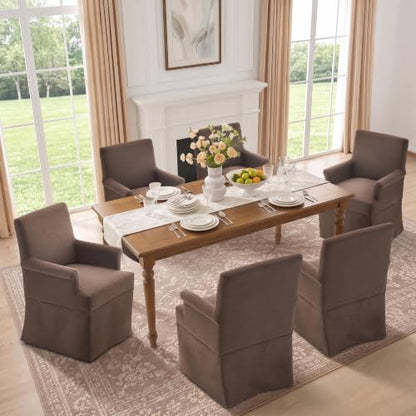 Arm Dining Chair Fabric Long Skirt Slipcovered High Back Upholstered Dinner - color: Brown, size: 4 PCS