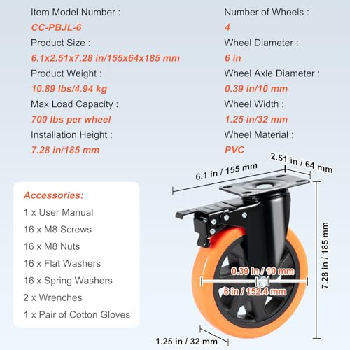 VEVOR Caster Wheels, 6-inch Swivel Plate Casters, Set of 4, with Security A/B Locking No Noise PVC Wheels, Heavy Duty 700 lbs Load Capacity Per Caster, Non-Marking Wheels for Cart Furniture Workbench