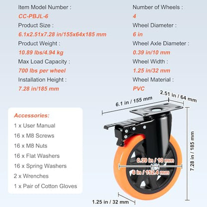 VEVOR Caster Wheels, 6-inch Swivel Plate Casters, Set of 4, with Security A/B Locking No Noise PVC Wheels, Heavy Duty 700 lbs Load Capacity Per Caster, Non-Marking Wheels for Cart Furniture Workbench