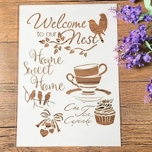 TIAMECH A4 Reusable Birds Coffee Stencil for Painting - style: Birds Coffee
