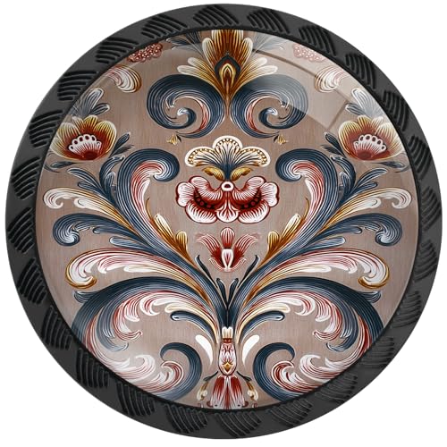 4 Pack Norwegian Brown Flower Cabinet Knobs for Kitchen Bathroom - color: Norwegian Rosemaling Folk Style Floral, size: 4PCS - 1.37"L x 1.1"W
