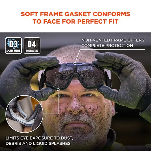 Ergodyne Skullerz Arkyn Protective Dust Safety Goggle, Non-Vented, Anti Fog, Scratch Resistant, Adjustable Neoprene Strap - color: Smoke Lens, style: Work Utility