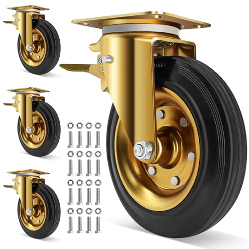 WBD WEIBIDA 8 in Heavy Duty Plate Casters Set of 4, 3200 Lbs Industrial Rubber Wheels for Cart Furniture and Workbench,Outdoor Castors Dual Locking Replacement (4 Brakes, Free Spanner) - size: 8 IN