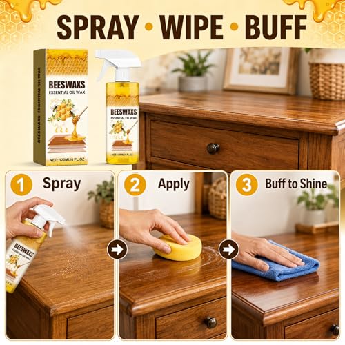 Beeswax Wood Polish Spray, Beeswax Essential Oil Wax, Deep Restore Furniture Cleaner for Cabinets, Hardwood Floors, Tables & All Wood Surfaces, Non-Greasy Formula (1)