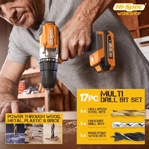 Hi-Spec 18V Cordless Drill Driver Kit with S2 Steel Bits - color: Gray