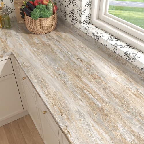 Rustic Brown Beige Wood Contact Paper for Countertops Self Adhesive Vinyl Wood Grain Wallpaper Peel and Stick Vintage Nature Wooden Wrap for Bathroom Kitchen Bedroom Cabinets Liner Cover - size: 15.8" x 78"