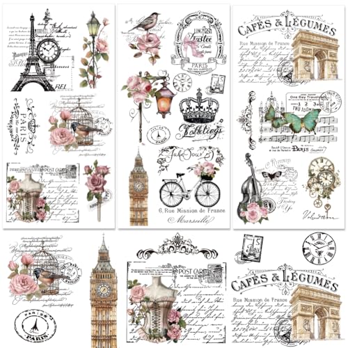 Vintage Floral Rub on Transfer for Crafts 3 Sheets Tower for Furniture Vintage Clock Letter Butterflies Letter Decal Stickers for Wood DIY Crafts Home Office Decor 11.8 x 5.9'' - style: Style 3- Retro French