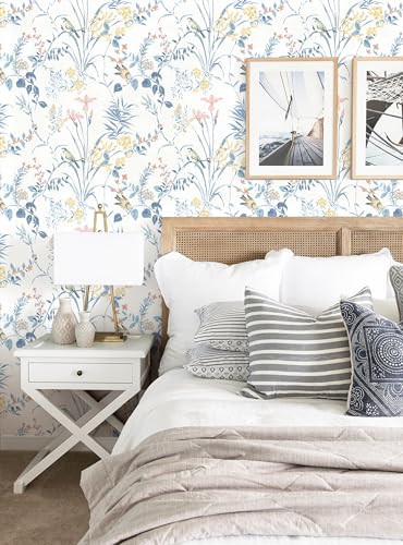 Erfoni Boho Floral Birds Wallpaper DIY Removable Peel and Stick Wallpaper - color: Blue, size: 16.9" x 197"