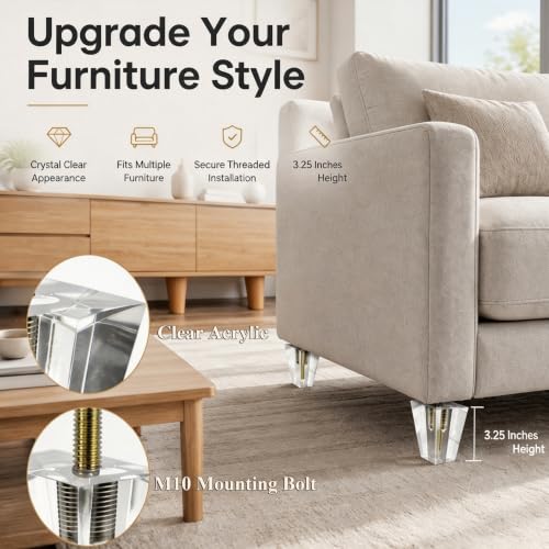 Clear Acrylic Couch Legs, 3.25 Inch Height, 2 Inch Width, 4Pcs - size: H 3-1/4 Inch