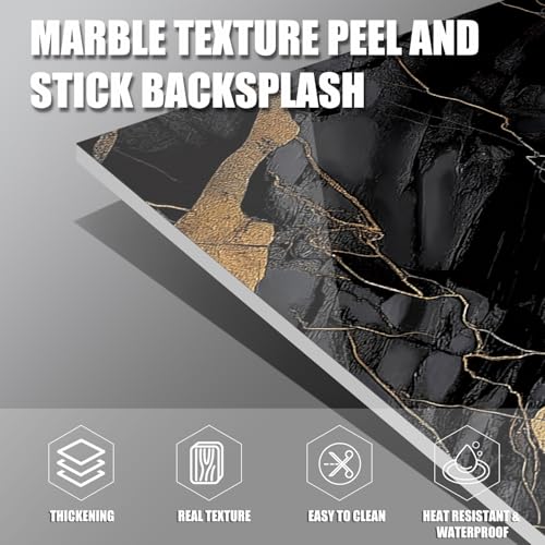 Marble Peel and Stick Backsplash 23.6 x11.8 in, 10PCS - color: Black Stone Gilding