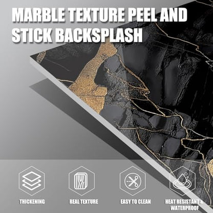 Marble Peel and Stick Backsplash 23.6 x11.8 in, 10PCS - color: Black Stone Gilding