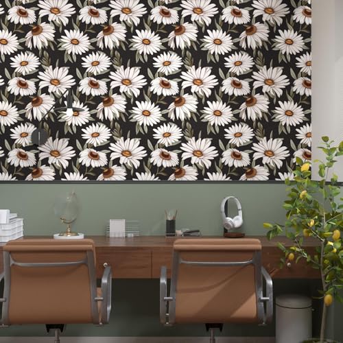 Laatse Dark Daisy Floral Peel and Stick Wallpaper 17.5" × 118", White/Black - color: Black,Green, size: 118" x 17.5"