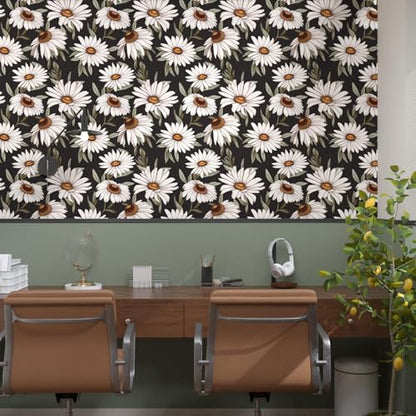 Laatse Dark Daisy Floral Peel and Stick Wallpaper 17.5" × 118", White/Black - color: Black,Green, size: 118" x 17.5"