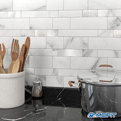 Stone Peel Stick Backsplash Tiles Kitchen Wall White Silver 10pcs - color: White Silver, size: 10sheets