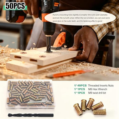 Twidec/50PCS 1/4"-20 Threaded Inserts for Wood Furniture Screw-in Nut Wood Inserts Bolt Assortment Kit with M6 Hex Wrench (1/4"-20 x25mm) N-059-1/4x25 - size: 1/4-20x25mm