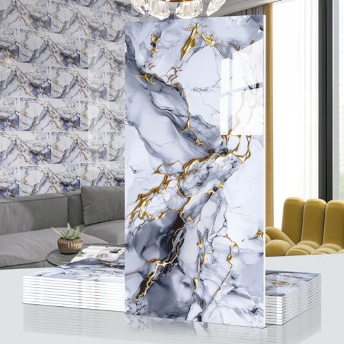 Marble Peel and Stick Backsplash 23.6 x11.8 in, 10PCS - color: Blue Stone Gilding