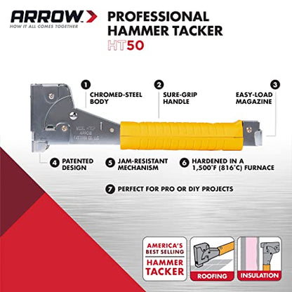 Arrow HT50 Heavy Duty Hammer Tacker, Chromed-Steel Manual Stapler with Sure-Grip Handle, Dual-Capacity Rear-Load Magazine, Fits 5/16”, 3/8", or 1/2" Staples (Pack of 4) - size: (4-Pack)
