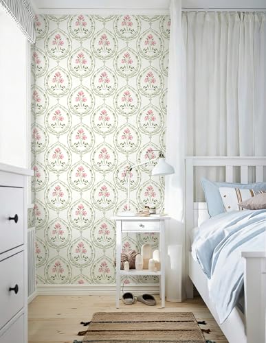 Boho Floral Peel and Stick Wallpaper Green and Pink Self Adhesive Wallpaper - color: Green and Pink