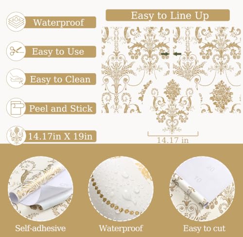 Damask Floral Peel and Stick Wallpaper Removable Gold Flowers Contact Paper - color: Gold, size: 17.3" x 118"